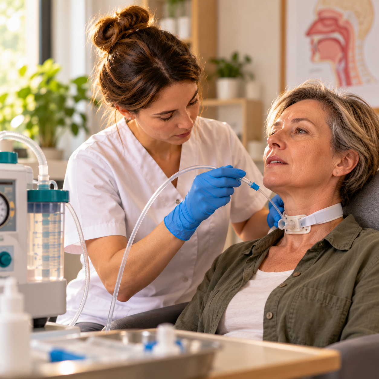Orthophoniste réalisant une aspiration auprès d’une patiente trachéotomisée assise, en cabinet de soins.